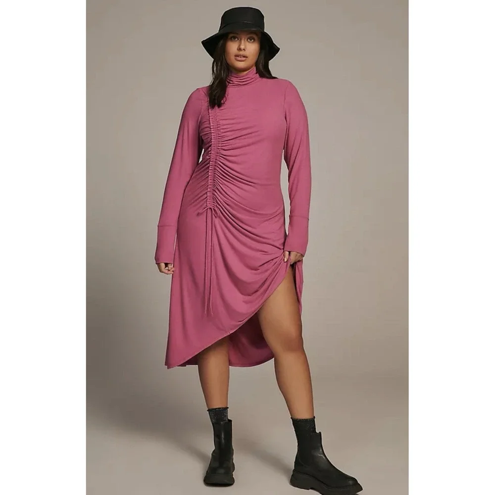 Anthropologie‎ Daily Practice Ruched Cowl Neck Cozy Midi Dress Pink sz M - Picture 12 of 13
